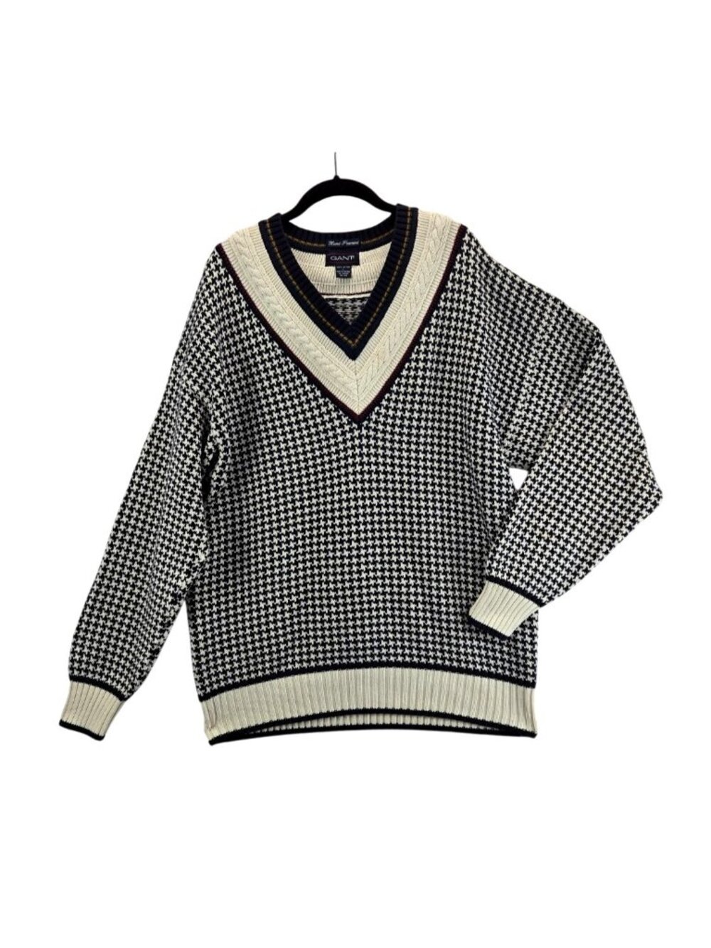 Vtg 90s Mens Sweater Houndstooth L GANT "Hand-Framed" V-Neck Collegiate Ribbed